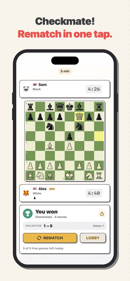 Checkmate result card with Rematch
